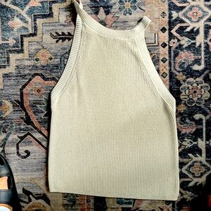 Ophelia Roe knit tank top. high neckline open shoulders. Soft beige knit